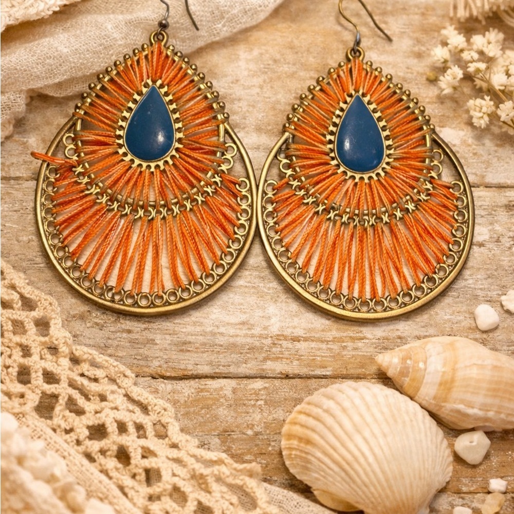BEBE Bohemian Orange and Gold Teardrop Earrings GUC Vintage - Picture 4 of 4